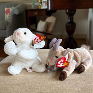 Ty Plush White Lamb and Tan Goat Set